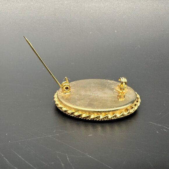 Vintage Italian Micro Mosaic Brooch Pin Daisy Flowers Gold Tone White Black - Picture 3 of 8